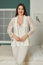 بيجاما قطن أبيض ثلاث قطع كم دانتيل مع ستراس