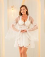 طقم نوم ساتان قصير ابيض - Görsel 3