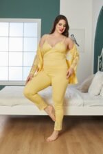 بيجاما قطن أصفر ثلاث قطع مع ستراس - Görsel 4