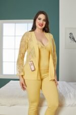 بيجاما قطن أصفر ثلاث قطع مع ستراس - Görsel 5