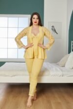 بيجاما قطن أصفر ثلاث قطع مع ستراس