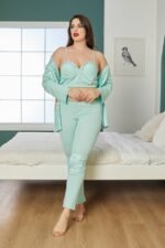 بيجاما قطن بترولي ثلاث قطع مع ستراس - Görsel 3