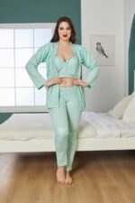 بيجاما قطن بترولي ثلاث قطع مع ستراس - Görsel 5