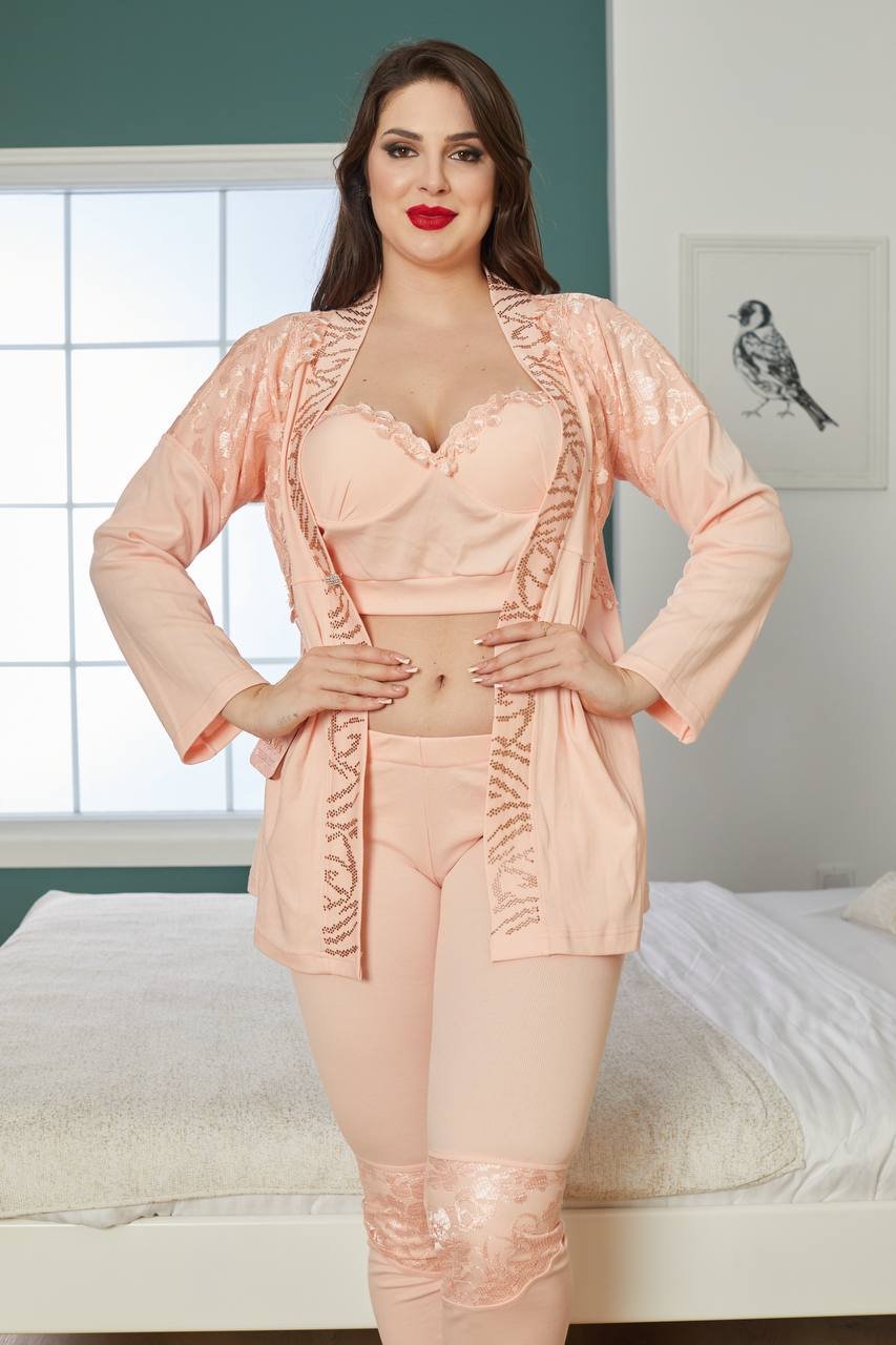 30 بيجاما قطن زهر ثلاث قطع مع ستراس - Görsel 1