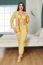 بيجاما قطن أصفر ثلاث قطع مع ستراس مميز