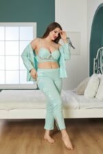 ⁦بيجاما قطن بترولي ثلاث قطع مع ستراس مميز⁩ - الصورة ⁦2⁩