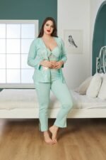 ⁦بيجاما قطن بترولي ثلاث قطع مع ستراس مميز⁩ - الصورة ⁦4⁩