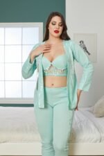 بيجاما قطن بترولي ثلاث قطع مع ستراس مميز